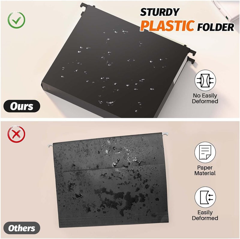 SHUTEX Extra Capacity Plastic Hanging File Folders,12 Pack Reinforced Hang Folders Letter Size,Accordian Pocket,Heavy Duty 2 Inch Expansion,Hard Hanging Folder Organizer for Office Home,Black - Image 2